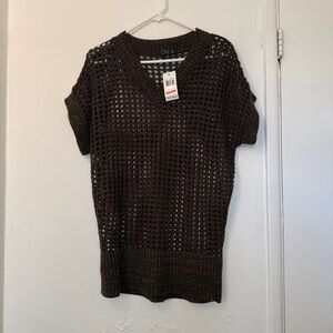 ONE A Metallic Chocolate Brown Open Knit Crochet Sweater Vest Top - Size Medium